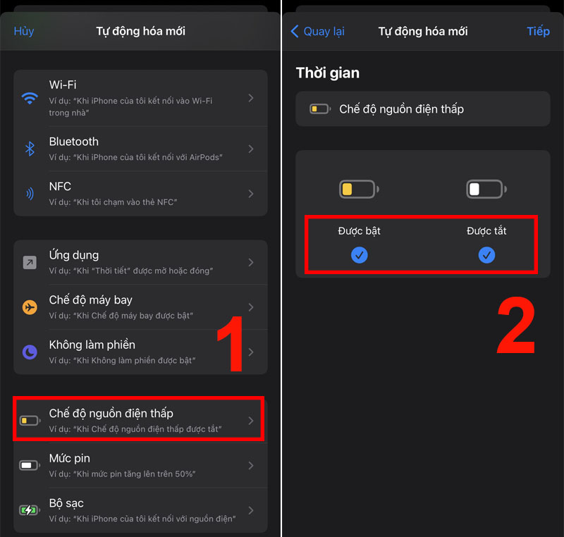 Chọn Chế độ nguồn điện thấp > Tick v&agrave;o 2 mục Được bật v&agrave; Được tắt.